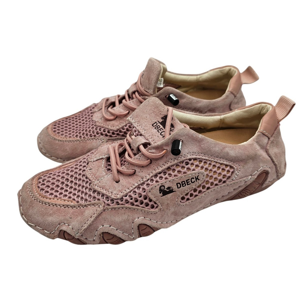 Dbeck Women's Sz 38 (7-7.5) Outdoor Mesh Trail Shoes in a pink suede finish